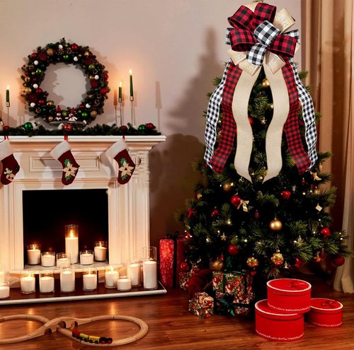 Buffalo Plaid Christmas Tree Topper by [Brand Name] - Handmade Red & Black Burlap Bow | 13 x 29 Inch Holiday Decoration