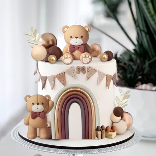 SONICEBUY 33Pcs Bear Cake Topper Boho Rainbow Cake Decorations with Beige Brown Bears Pearl Balls Rainbow Cake Pick for Boy Girl Baby Shower Gender Reveal Wedding Birthday Party Supplies