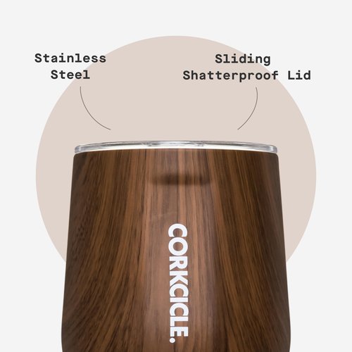 Corkcicle Stemless Insulated Wine Glass Tumbler - Keeps Beverages Cold 6 Hrs Hot 3 Hrs - Stainless Steel - Easy-Grip - Summer Drinkware Gift - Keeps Drinks Ice Cold - 12 oz - Walnut Wood