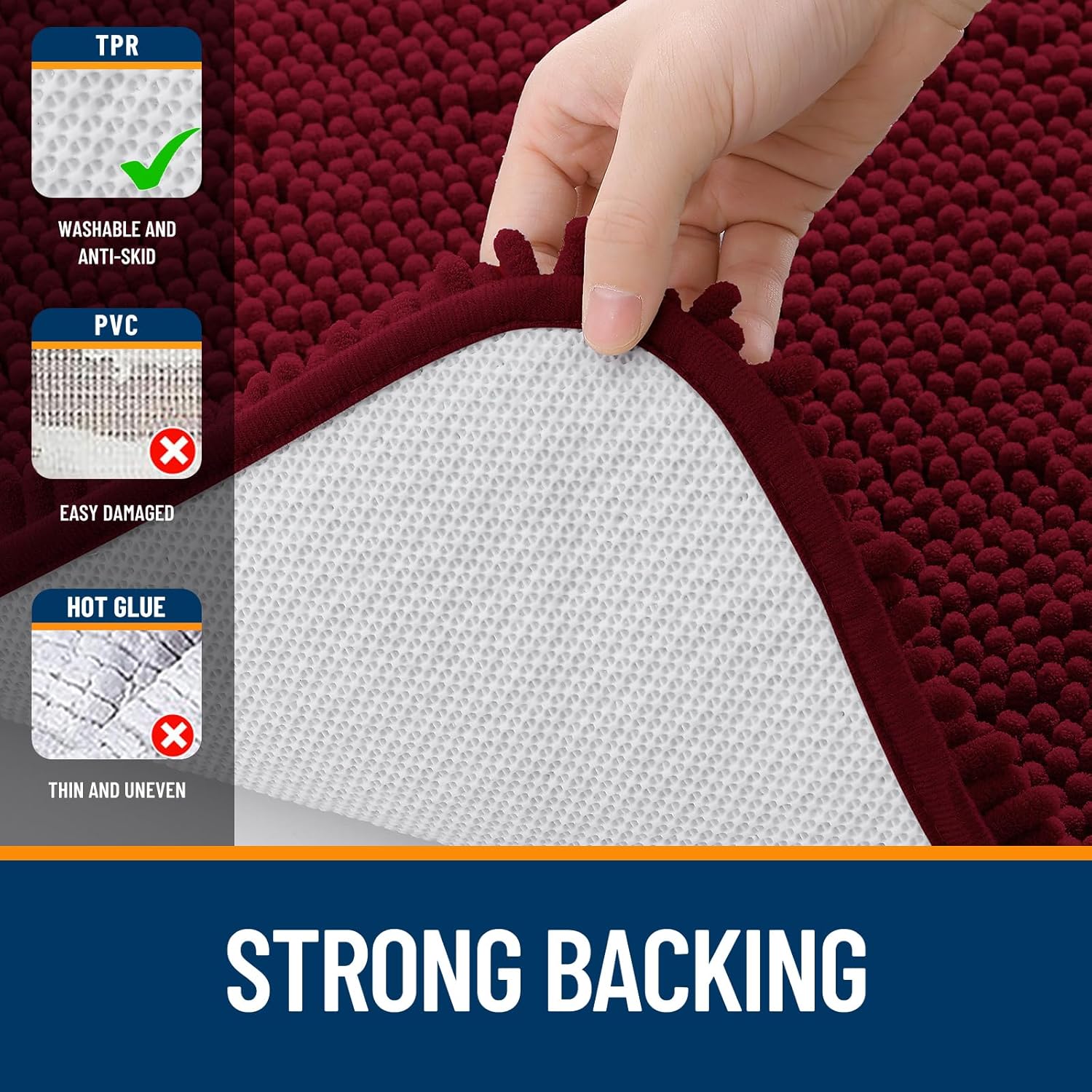 OLANLY Bathroom Rugs - Extra Soft Chenille Bath Mats with Rubber Backing | 47x24 Inches, Burgundy