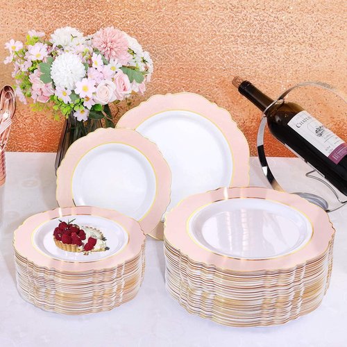 WDF 60pcs Pink Dessert Plates - 7.5inch Baroque Pink &White Disposable Dessert/Appetizer Small Cute Cake Plates for Upscale Parties &Wedding-Special for Baby Shower, Brithday, Easter