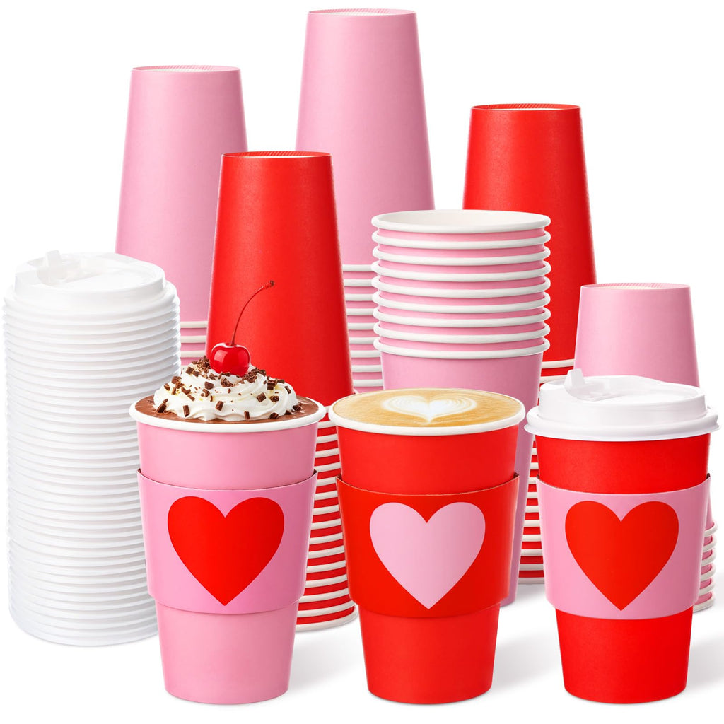 Sunnychicc 24 Set Valentine's Day Disposable Coffee Cups with Lids and Sleeves 16oz Red Pink Paper Cups Beverage Drinking Cup Heart Shaped Sleeves for Anniversary Wedding Bridal Shower Party Supplies