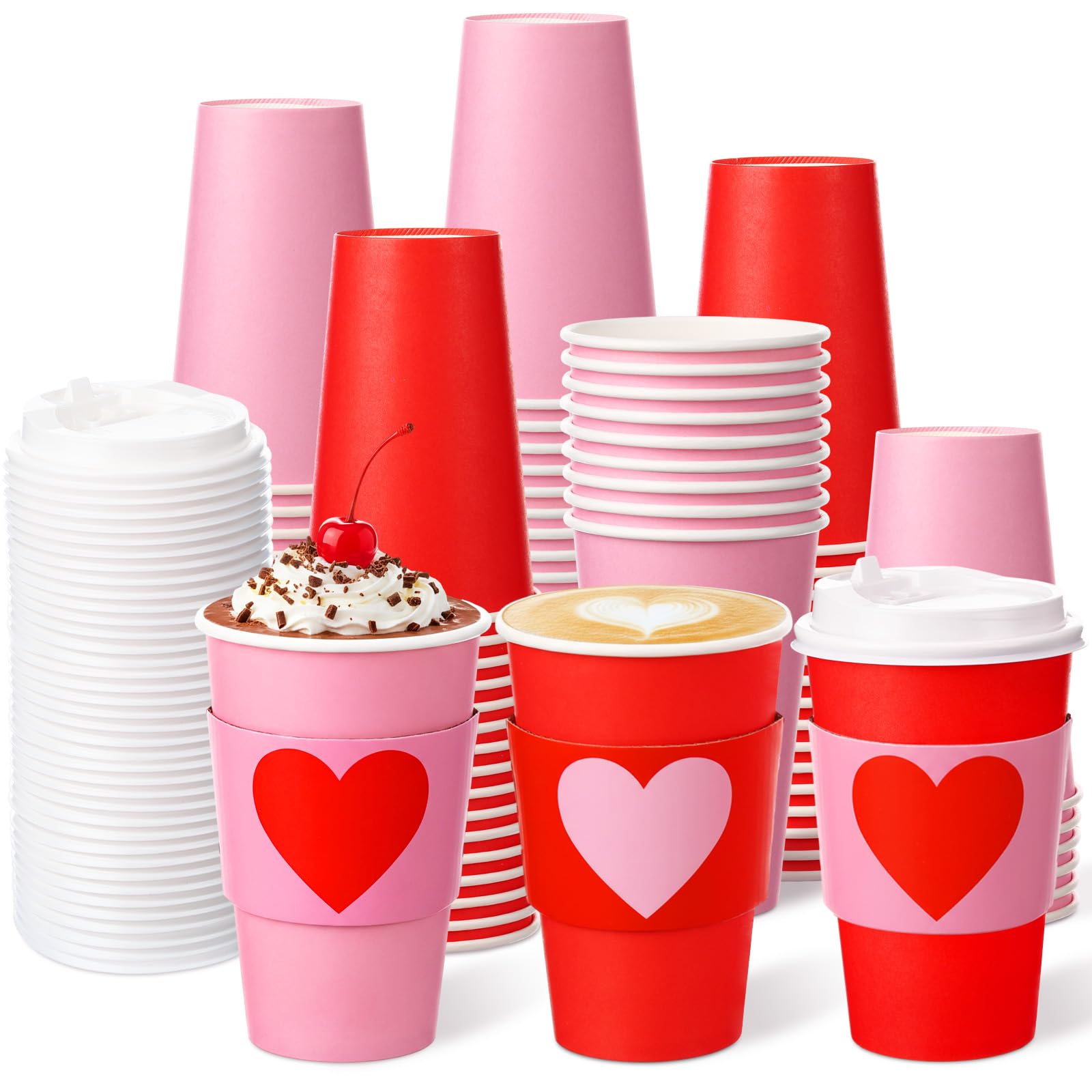 Sunnychicc 24 Set Valentine's Day Disposable Coffee Cups with Lids and Sleeves 16oz Red Pink Paper Cups Beverage Drinking Cup Heart Shaped Sleeves for Anniversary Wedding Bridal Shower Party Supplies