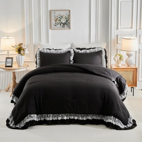 Joyreap Queen Size Comforter Set Black, 3pcs Lace Ruffled Bedding Comforter Set, Microfiber Vintage Gothic Boho Chic Bedding Set for All Season- 88x88 inches
