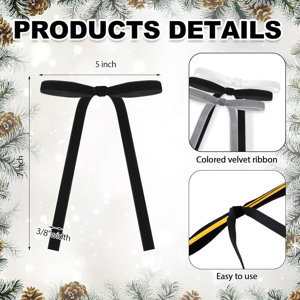 Skiennix 24 Pcs Velvet Bows - Vintage Ribbon Bows for Christmas Tree & Crafts | 5x7 Inch, Black, White, Gray