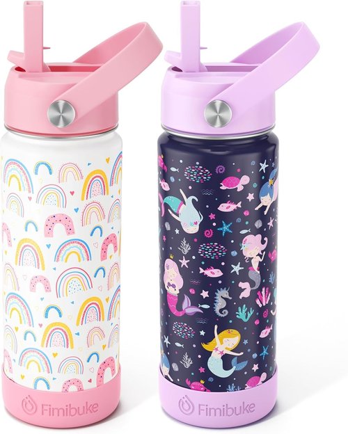 Fimibuke Kids Insulated Water Bottle - 18oz BPA-Free Stainless Steel Tumbler with Straw | Leak-Proof, 2 Pack (Rainbow/Mermaid)