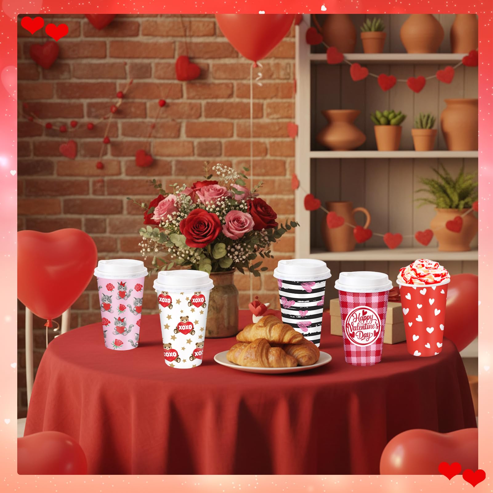 Ovveroche 100 Pack Valentine's Day Disposable Cups 16 oz Pink Red Hearts Bear Stripe Coffee Cups Wedding Anniversary Party Supplies for Hot Chocolate Cocoa Tea Coffee Bar Accessories