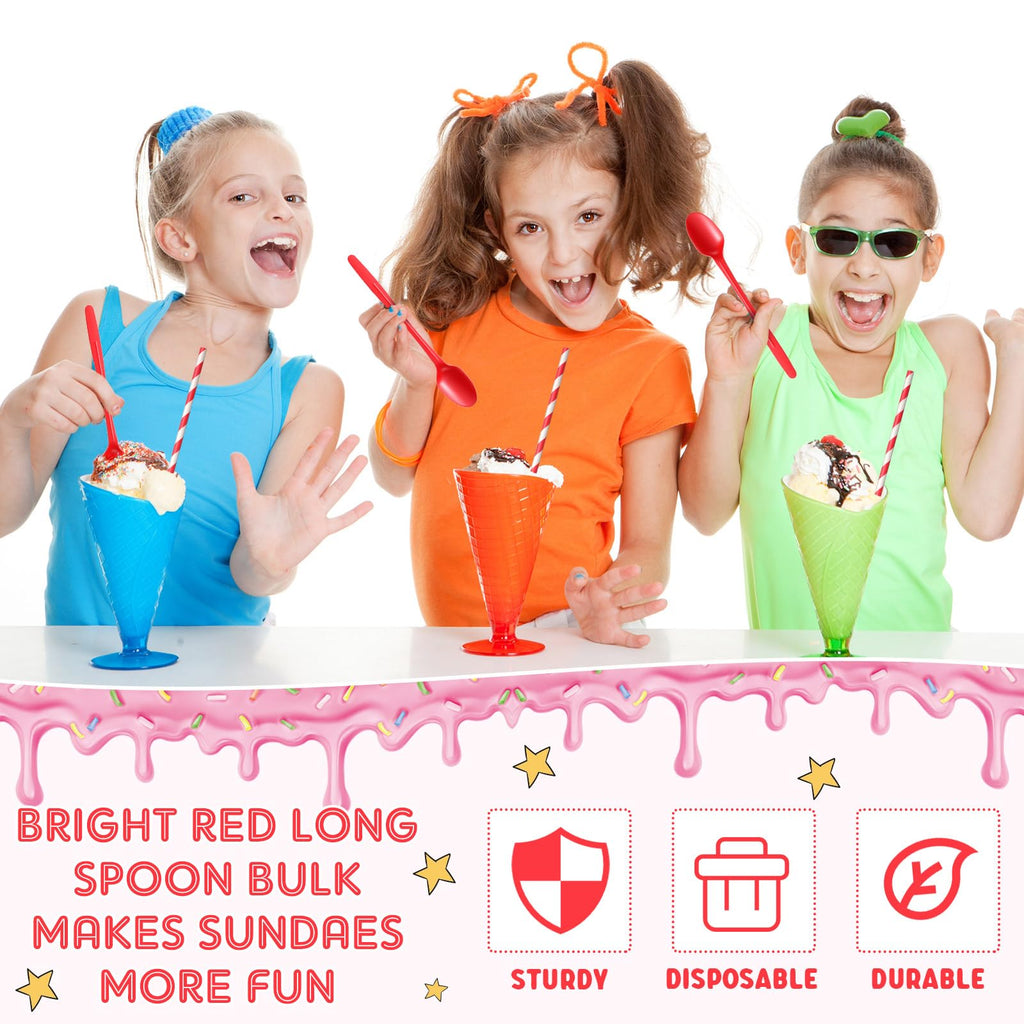 Potchen 100 Sets/200 Pcs 8.27 Inch Sundae Spoons and Red Paper Straws Heavy Duty Plastic Utensils Party Supply for Ice Cream,Milkshakes,Stirring Cocktails and Tall Ice Beverages