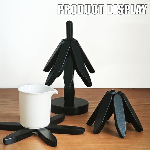 Wooden Trivets for Hot Dishes, Tree Shape Trivet Set, 4 Walnut Wood + 1 Stand stored Like a Christmas Tree,Foldable Kitchen Wooden Trivet,for Hot Dishes、Pot、Bowl、Teapot、Hot Pot Holder (Black)