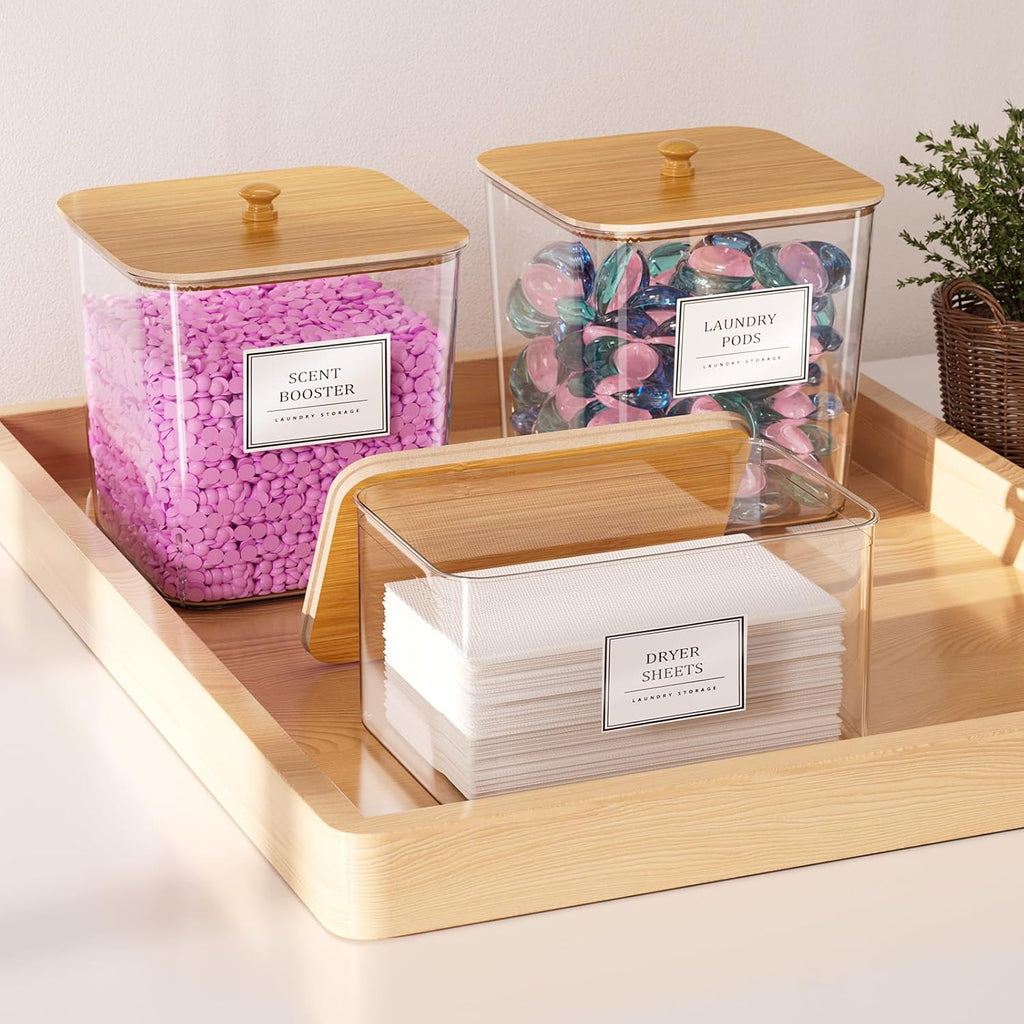 Skiennix Laundry Organization Containers - Clear Storage for Detergent & Pods | Large with Wooden Lids & Labels