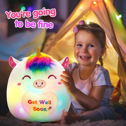 Athoinsu 12" Get Well Soon Unicorn Led Plush Pillow Soft Sofa Cushion Squishy Plushie Toy Cute Stuffed Animal Room Decor Feel Better Gifts for Recovering Patient