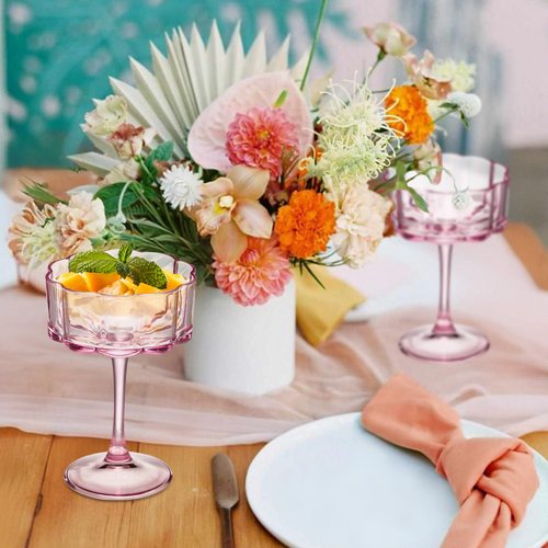 Vintage Champagne Coupes Glass Cute Martini Cocktail Glasses,13oz Crystal Martini Wine Glasses Set Of 12 Elegant Flower -Shaped Goblet Drinking Champagne Dessert Yogurt Ice Cream Glassware Cups Pink