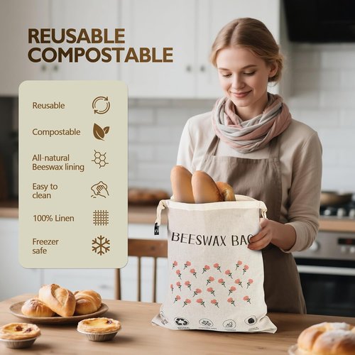 Beeswax Bread Bags (2026 New Upgrade) 2-Pack Reusable Bread Bags for Homemade Bread Sourdough,17"×13"100% Linen Moisture-proof Lined XL Beeswax Bread Bag with Buckle&1Bowl Covers,Keeps Fresh Longer
