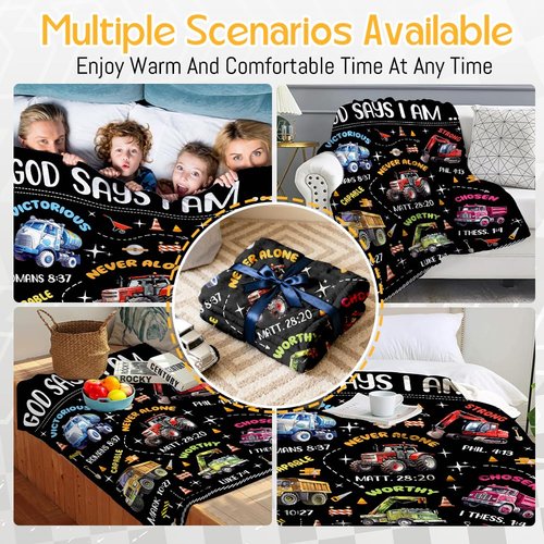Kids Christian Truck Blanket for Boys - God Says I Am Construction Trucks Bible Verse Gifts for Truck Tractor Lovers Toddlers - Super Soft Flannel Throw Sheets 50" x 40" Decor for Crib Nap Couch Sofa