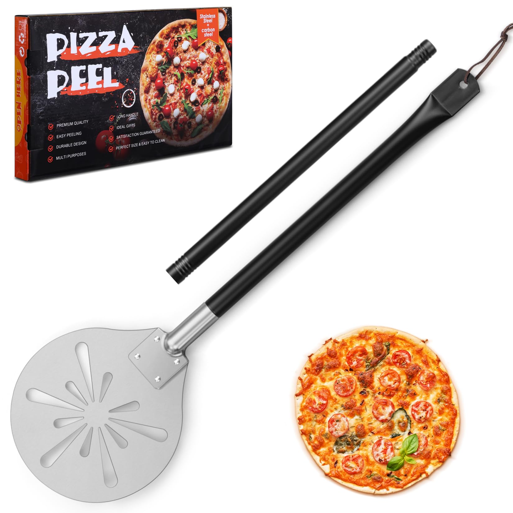 Joyfair Pizza Turning Peel, Perforated Stainless Steel Pizzas Paddle Spatula for Rotating Sliding, Metal Accessories Tool with Detachable Handle, Oven Safe & Easy Cleanup (9 Inch)