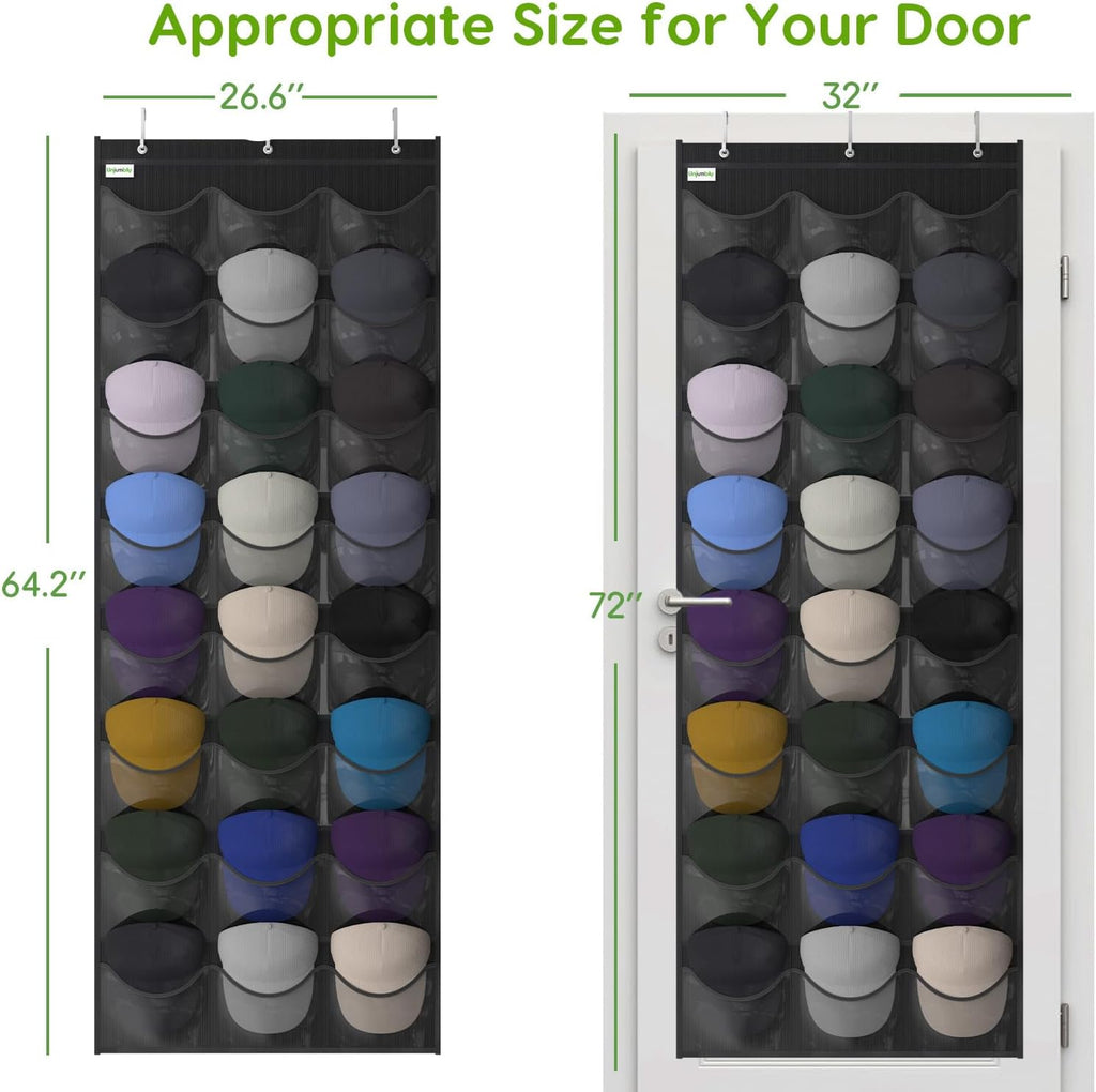 Unjumbly Baseball Hat Rack - 24 Pocket Over-The-Door Organizer with Clear Pockets | Black