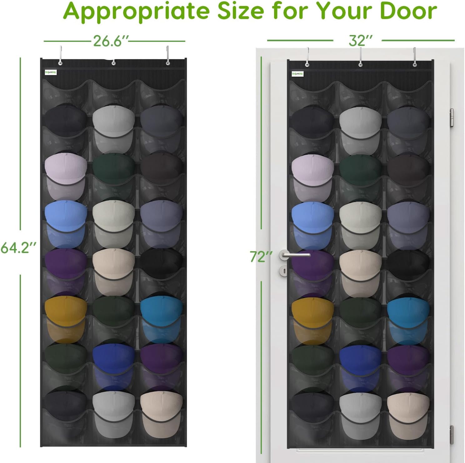Unjumbly Baseball Hat Rack - 24 Pocket Over-The-Door Organizer with Clear Pockets | Black