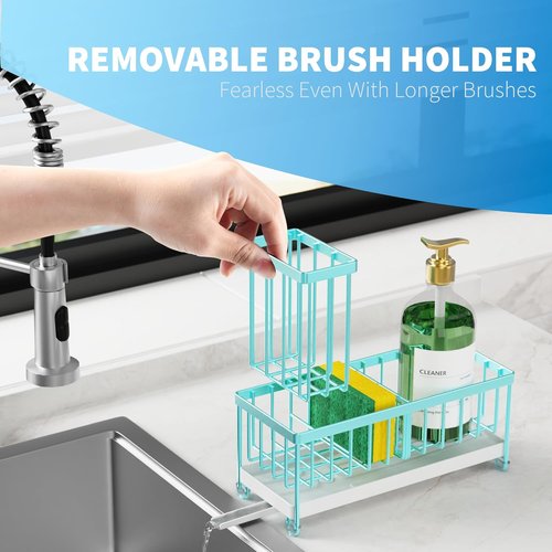 Cisily Kitchen Sink Caddy Organizer - Durable 304 Stainless Steel with High Brush Holder | Teal, 9.25”