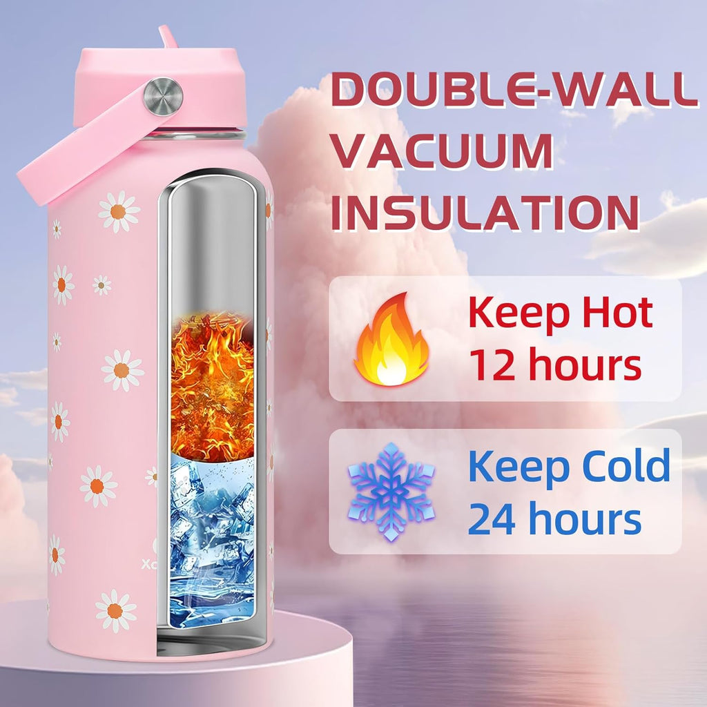 Skiennix Pink Daisy Water Bottle - 32oz Insulated with Flip Straw & Handle | Leak-Proof Stainless Steel Gift for Women & Teens