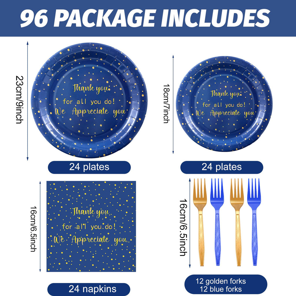 Geyoga 96 Pcs We Appreciate You Decoration Teacher Graduation Plate and Napkin Employee Appreciation Party Decorations Nurses Week 2026 Tableware for Principal Volunteer Staff(Blue and Gold,Thankful)