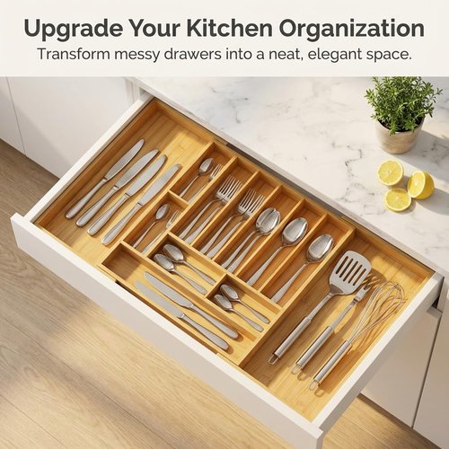 OPRTEU Expandable Kitchen Organizer – Adjustable 33” Wide Utensil Kitchen Drawer with 11 Compartments, Natural Solid Bamboo Construction for Flatware