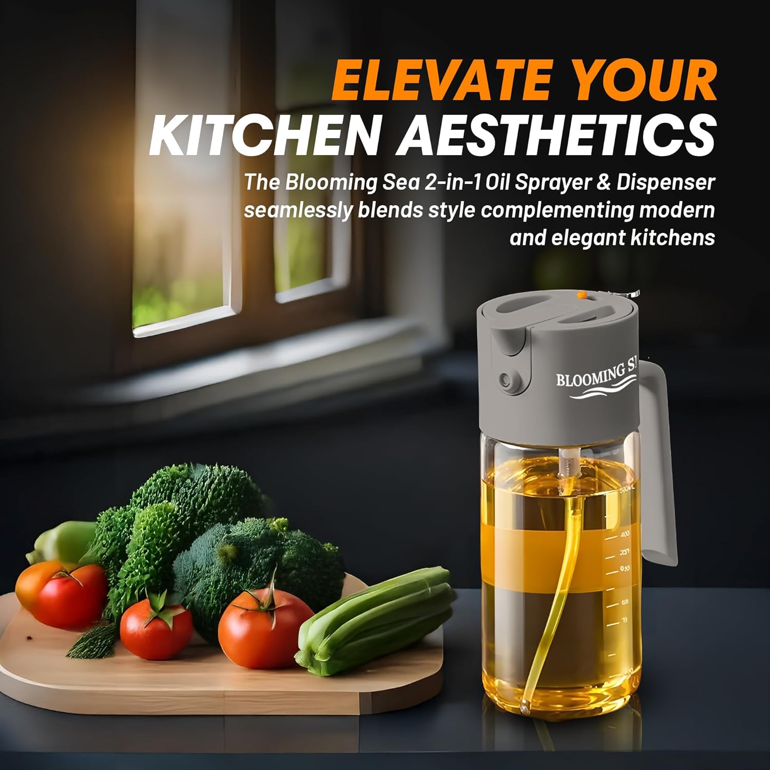 Skiennix 2-in-1 Oil Sprayer & Dispenser - 550ml Glass Olive Oil Bottle, BPA-Free, Leakproof, Gray