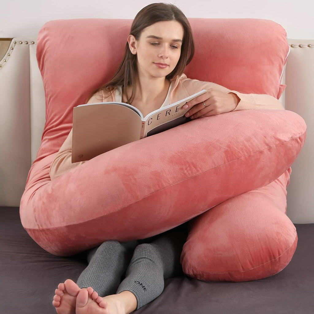 U-Shaped Pregnancy Pillow by [Brand Name] - 57" Full Body Maternity Pillow with Removable Velvet Cover | Supports Back, Legs, Belly & Hips - Pink