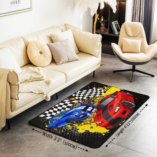 Racing Car Rug,Cartoon Street Style Graffiti Sports Cars Indoor Floor Mat for Kids Boys Girls Youth,Speeding Game Carpet,Extreme Sports Bedroom Rug Living Room,Bedside,Playroom Decor,3x5