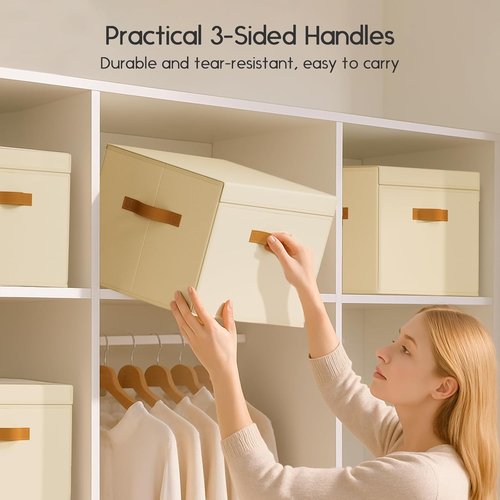 Homsorout Large Storage Bins with Lids - Front Opening Fabric Organizers, Collapsible Beige Baskets | 2 Pack