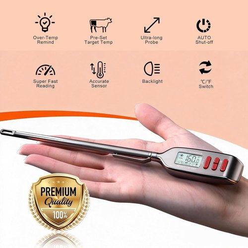 Antonki Digital Meat Thermometer - Instant Read Food Thermometer with Long Probe | Backlit Display, Battery Included