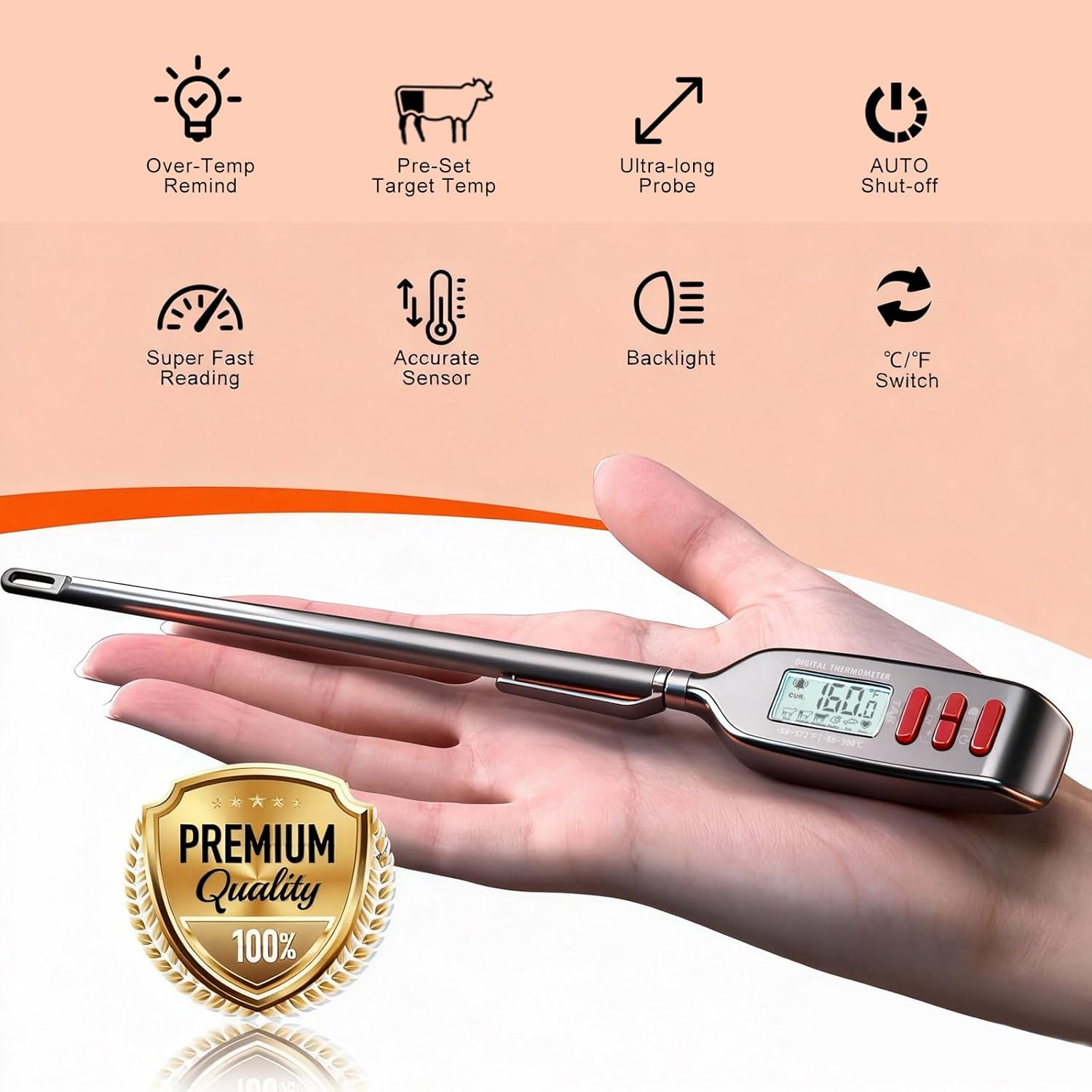 Antonki Digital Meat Thermometer - Smart Instant Read with Long Probe for Cooking & BBQ | Backlit Display