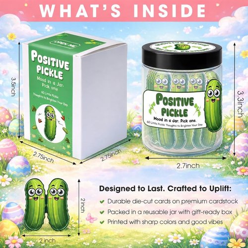 Emotional Support Pickle, Positive Pickle Jar, 60 Positive Daily Affirmations Cards for Women, Birthday Gifts for Coworkers, Easter Basket Stuffers for Teens, Kids, Easter Gifts for Girls, Boys