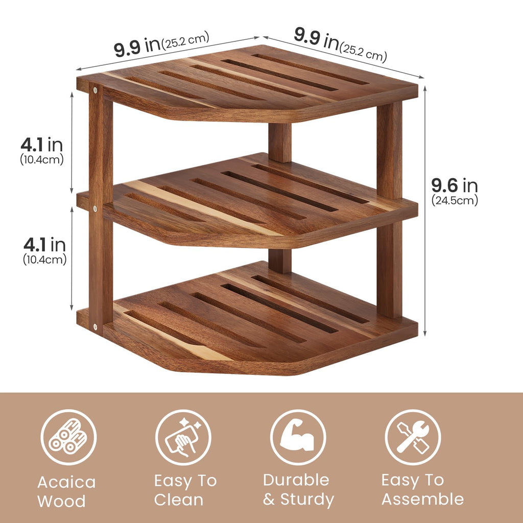 VERTORGAN 3 Tier Acacia Wood Corner Shelf,Dish Drying Rack,Plate Organizer,Kitchen Spice Rack for Countertop and Cabinet,Pantry Organization and Storage