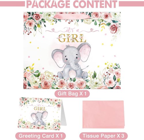 Laidans Large Baby Shower Gift Bag - Pink Floral Elephant Design with Tissue Paper & Card