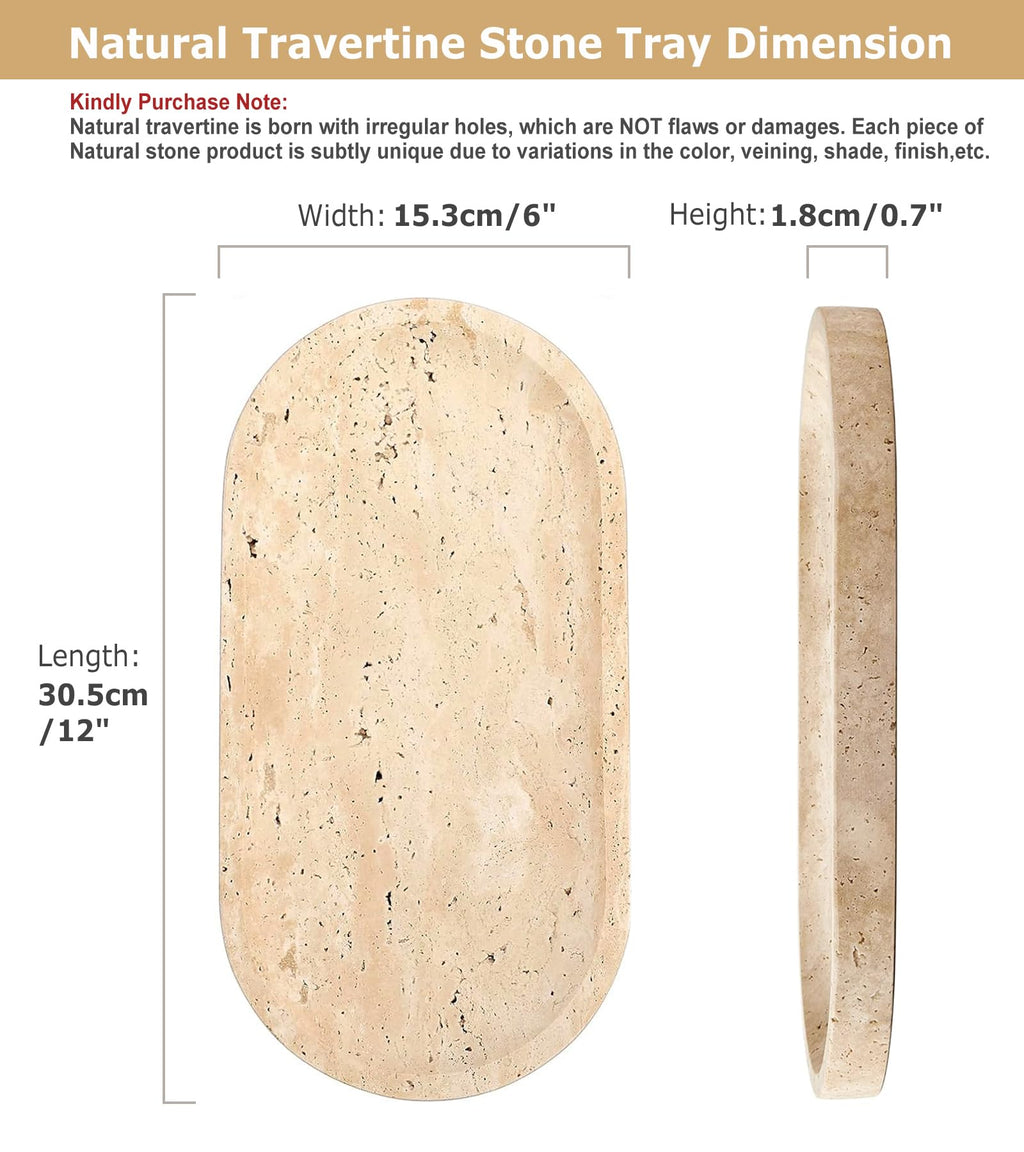 Natural Oval Travertine Vanity Tray 11.8 x 5.9inches, Beige Marble Stone Tray Dish Bathroom Catchall Tray for Jewelry Perfume Candle, Large Decorative Tray for Bedroom/Counter/Home Decor