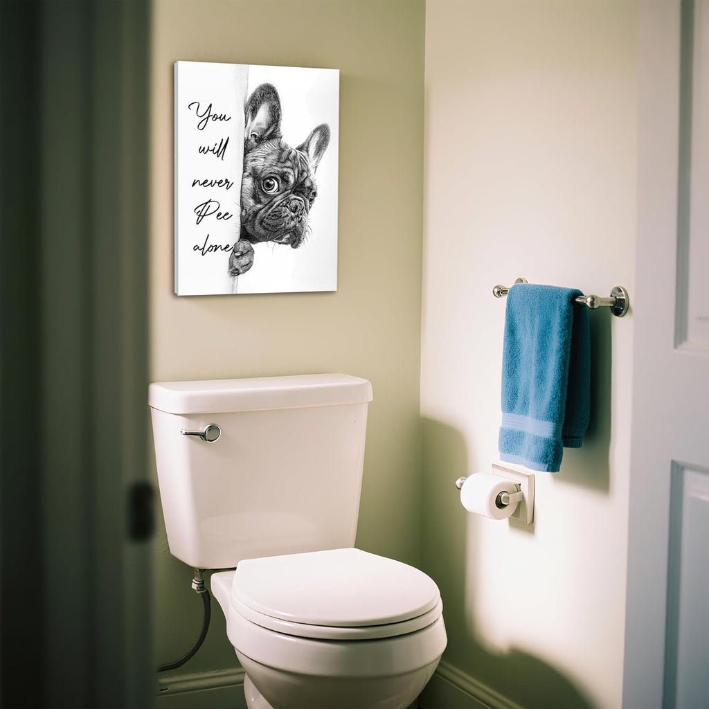 Ovczax Black And White Bathroom Canvas Wall Art - Funny French Bulldog Sign | 16" x 12" Home Decor