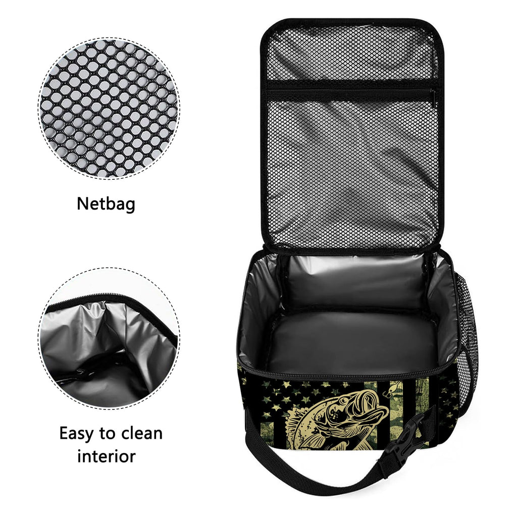 DOINBEE Camo Bass American Flag Lunch Box, Army Green Camouflage USA Flag Bass Fishing Bait Lunch Bag for Men Women Kids Boys Girls, Camo Fish Insulated Lunchbox Portable Thermal Cooler Tote Bag