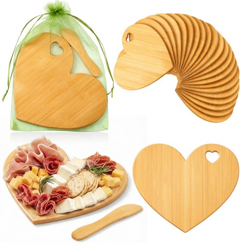 Nuenen 30 Pcs Mini Wooden Charcuterie Board Bulk, Small Wood Cutting Board for Crafts Laser Engraving with Knives Organza Bags Wedding Baby Shower Favors Gift (Heart,Bamboo Color)