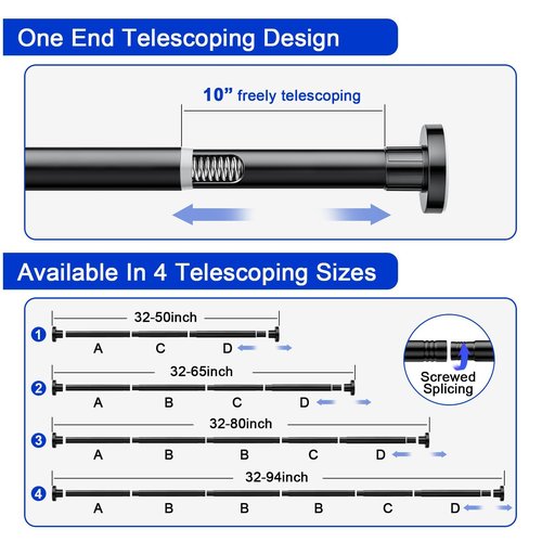 Ausemku Shower Curtain Rod 32-94 Inch Adjustable - 1 Inch Diameter Heavy Duty No drill Spring Tension Shower Rod, Non-Slip Rustproof Telescopic Rod for Bathroom, Black