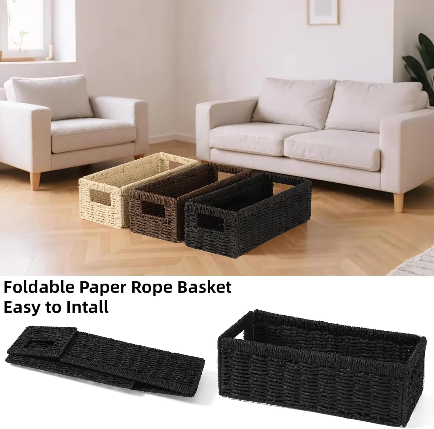 Paper Rope Storage Basket - 2 Pack Foldable Wicker Baskets with Handles | Decorative Large Organizers for Bathroom