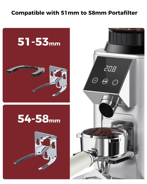 Tuni G1 Conical Burr Coffee Grinder, 48 Grind Settings Anti-static Burr Mill, Precision Electronic Timer and LED Touchscreen for Espresso/Drip/Cold Brew/French Press, Stainless Steel, Silver