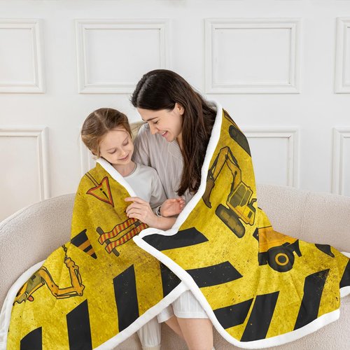 Erosebridal Excavators Flannel Blanket Equipment Trucks Sherpa Blanket Construction Tractor Throw Blanket, Yellow Vehicle Fuzzy Blanket for Kids Boys Teens, Kids Car Theme Room Throw Size