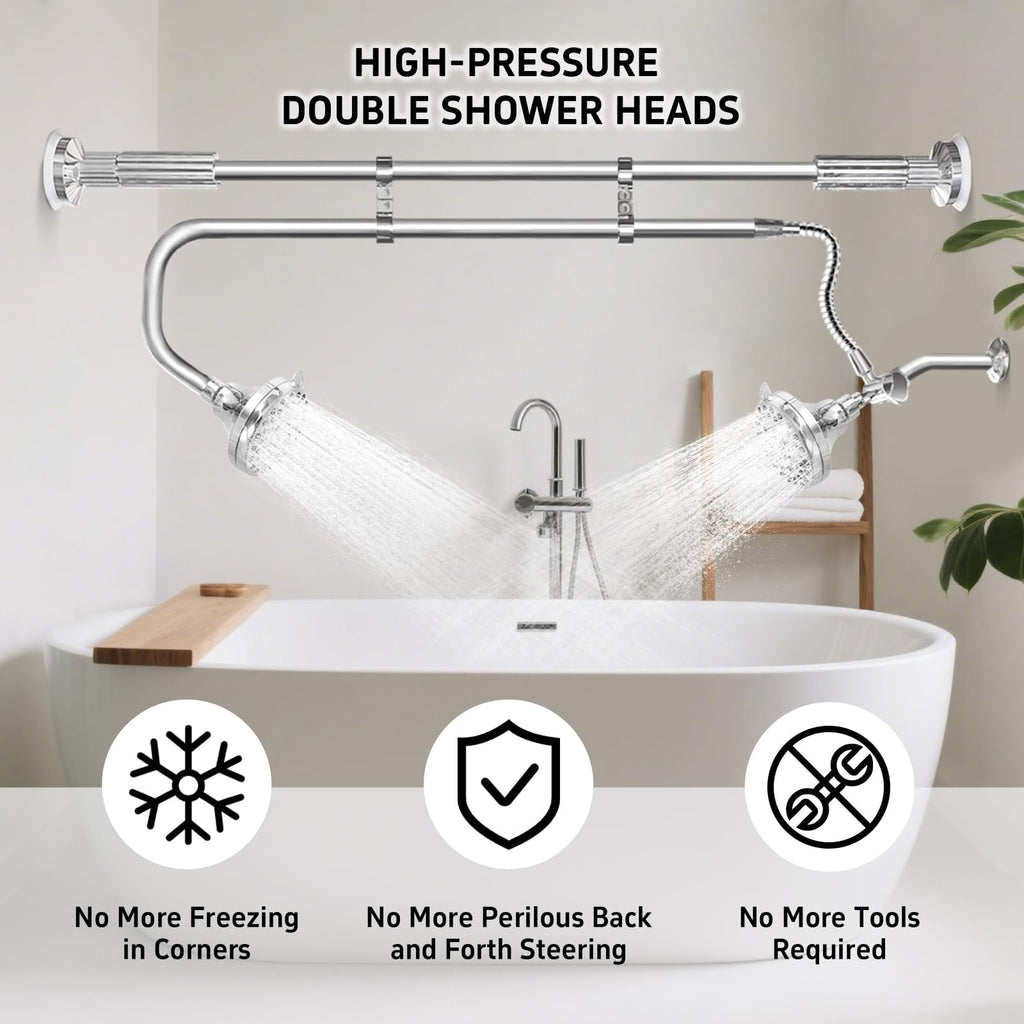 OURBAOFU Tandem Shower Heads, Double Shower Head for Couples, Dual Shower Head System for Two People, High Pressure and Adjustable Double Shower Heads (Silver)