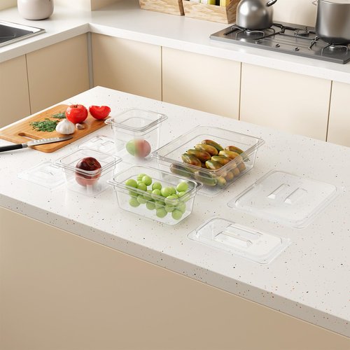 FORITRUE 1/2 4'' 6 Pack Plastic Food Pans With Lids, Clear Food Pan, Commercial Stackable Polycarbonate Freezer-Safe for Fruits Vegetables Restaurant Kitchen