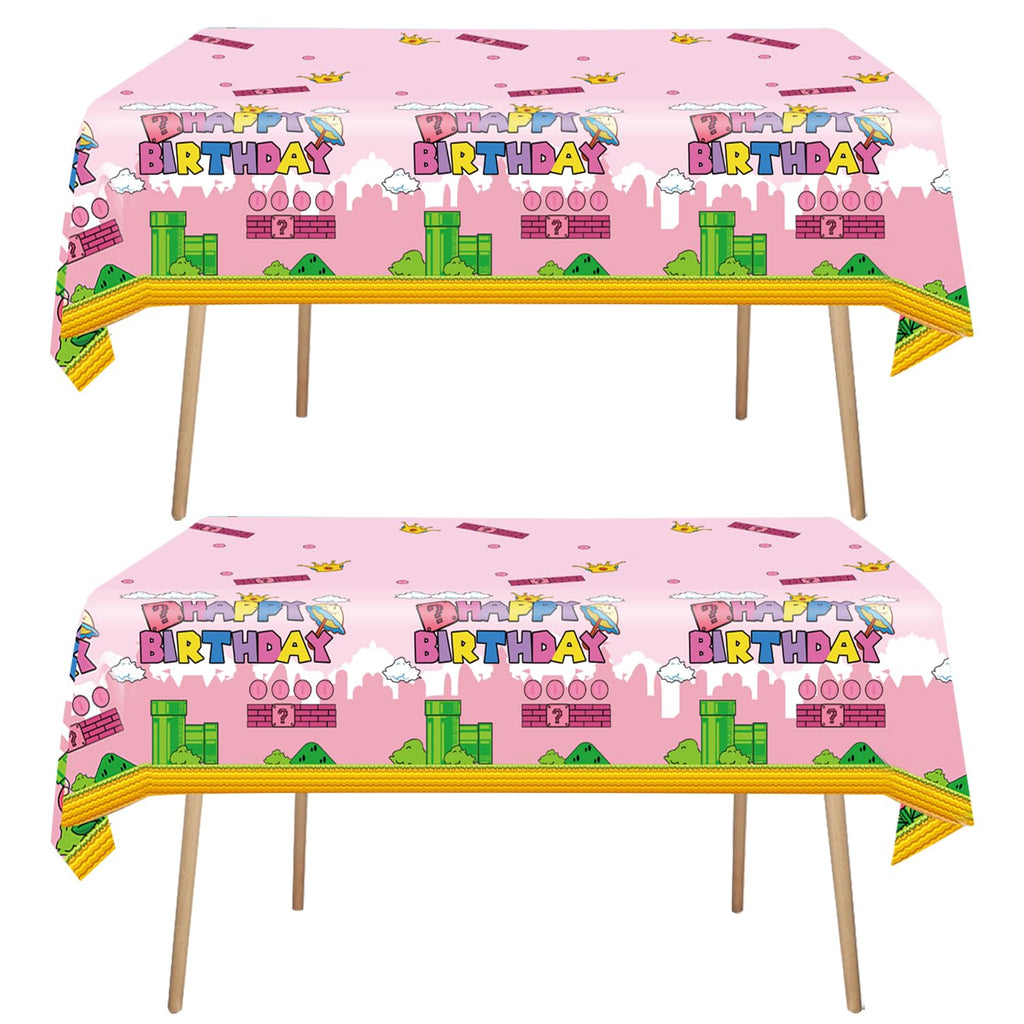 USERTEN 2Pcs Super Brothers Adventure Party Tablecloths 108 x 54 inches Video Game Theme Plastic Table Cloth Fits for Princess Peach Girl Birthday Party Decoration Pink Disposable Tablecover Supplies