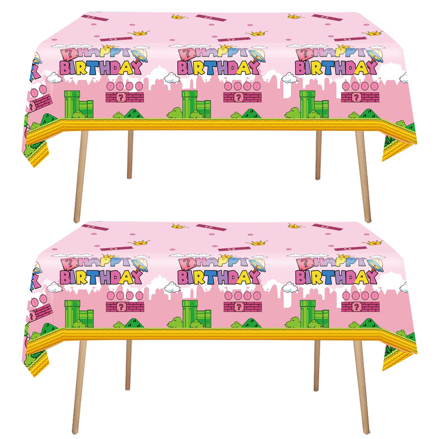 USERTEN 2Pcs Super Brothers Adventure Party Tablecloths 108 x 54 inches Video Game Theme Plastic Table Cloth Fits for Princess Peach Girl Birthday Party Decoration Pink Disposable Tablecover Supplies