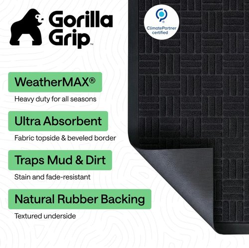 GORILLA GRIP Waterproof All-Season WeatherMAX Doormat - 72x24, Stain & Fade Resistant, Easy Clean Black Maze