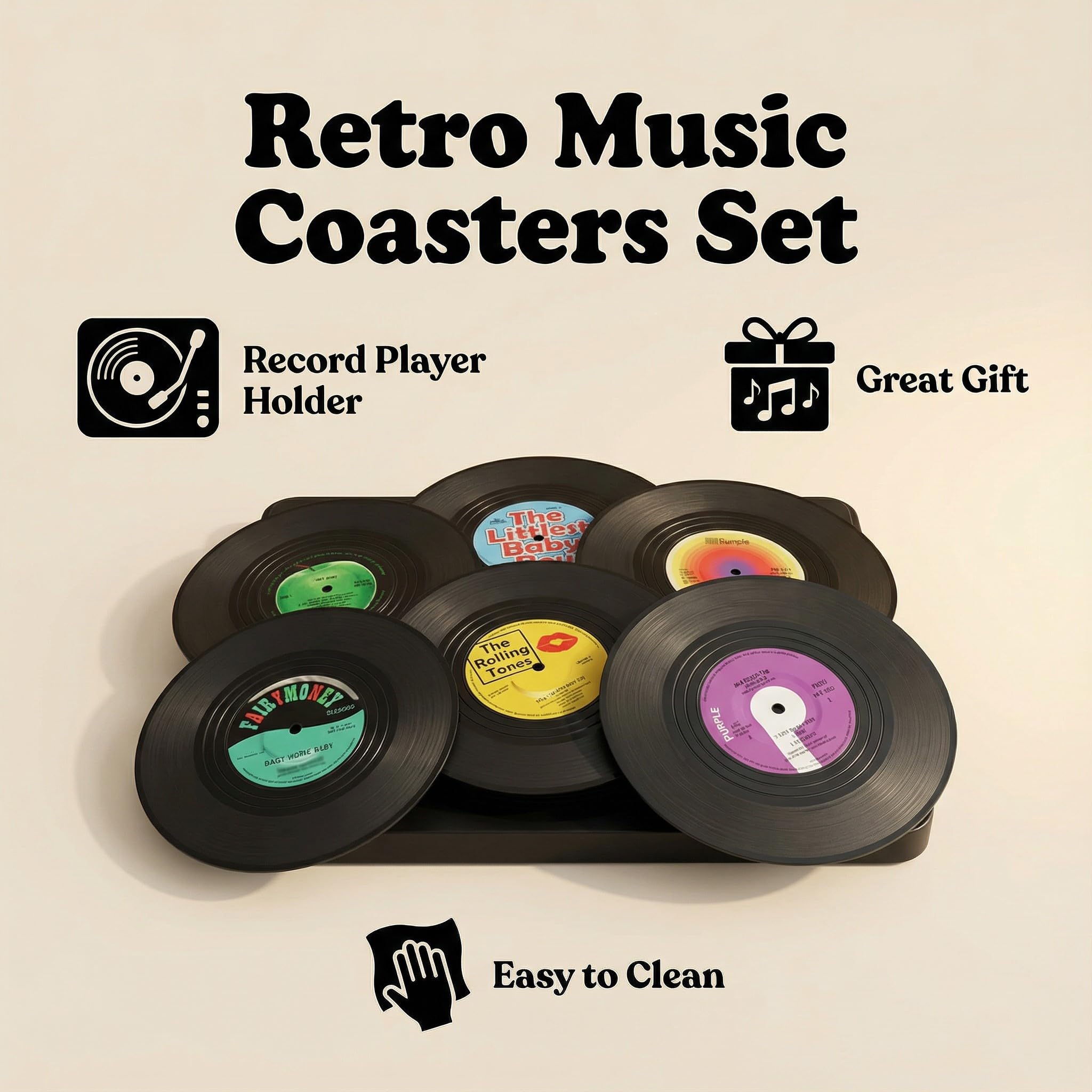 MECOWON Vinyl Record Coasters with Record Player Holder - 6Packs, Cool Coasters for Music Lovers, Great for Housewarmings, Parties, or Any Music Enthusiast in Your Life.