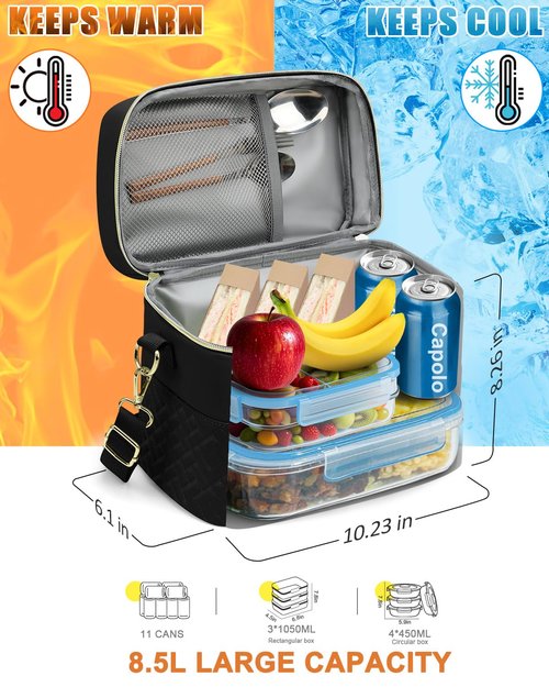 Capolo Lunch Box for Women Men Adults,Insulated Lunch Bag Leakproof Lunch Cooler Box with Removable Strap Cute Lunch Tote Bags Reusable Thermal Lunchbox for School Work Picnic(Small,Black)