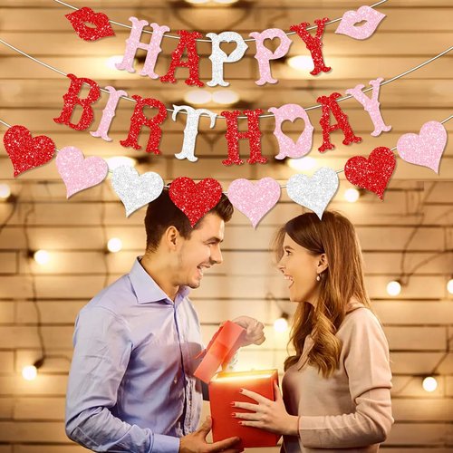 FHGG Glitter Valentines Birthday Decorations Banner Pre-Strung Red Glitter Heart Garland Happy for Galentine's Valentine' Birthday Party Decor NO DIY